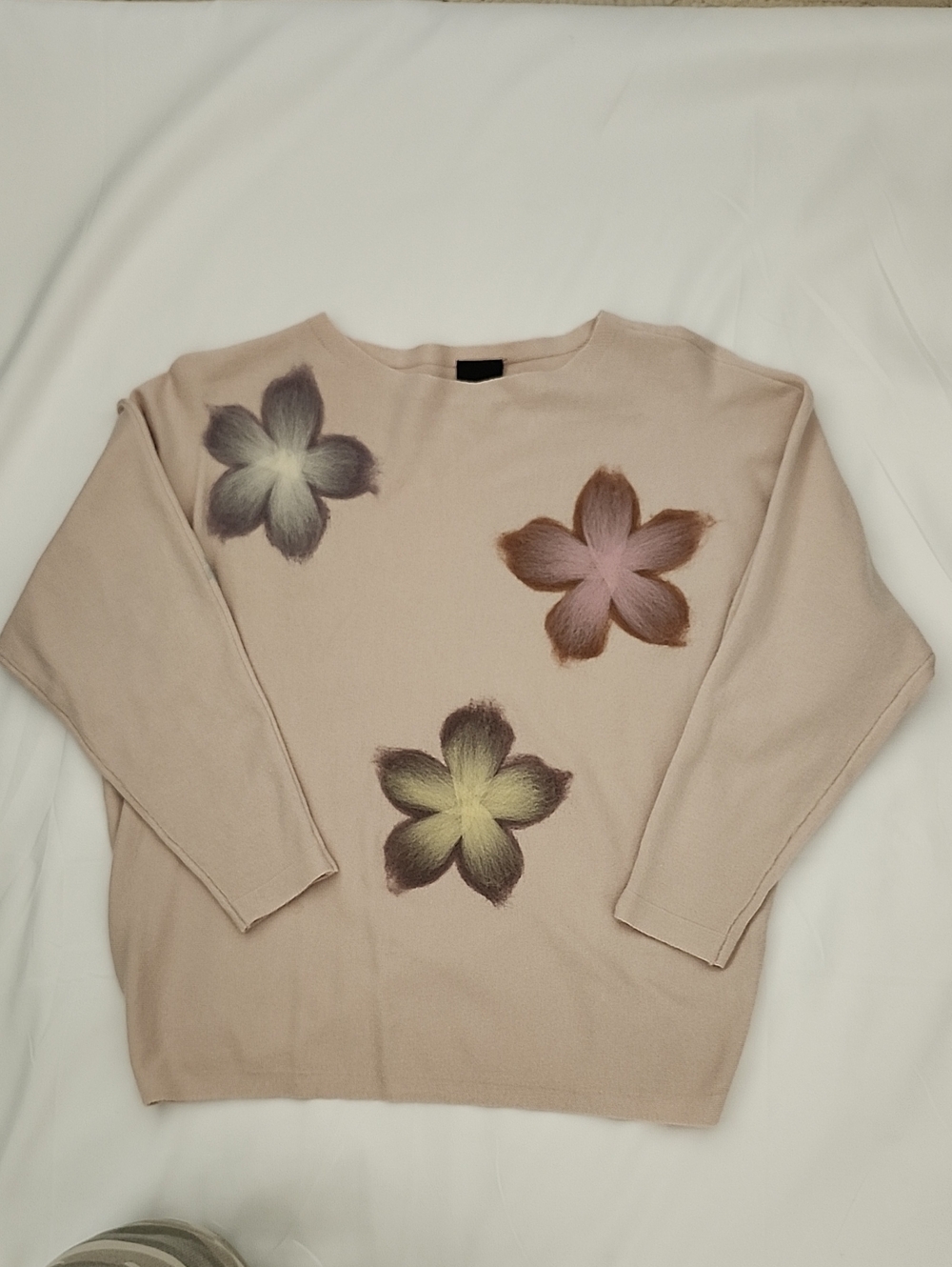 Floral Appliqué Crewneck Sweater - Light Tan. 3/4 Length Sleeve.